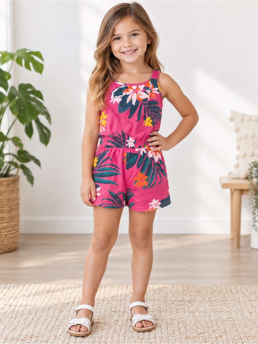 Old Navy Pink Tropical Floral Tank Romper for Girls
